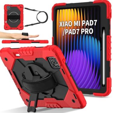 Imagem de Doemoil Capa para Xiaomi Mi Pad 7 / Mi Pad 7 Pro 2024, capa protetora de 3 camadas com alça giratória de 360 °, alça de ombro para tablet Xiaomi Mi Pad 7 / Mi Pad 7 Pro de 11,2 polegadas (vermelho