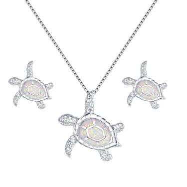 Imagem de Colar de tartaruga, brincos com pingente de prata, brincos de opala azul, presentes de tartaruga marinha para presente feminino, Medium, Cobre, Opala sintética