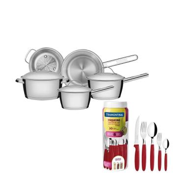 Imagem de Kit - Jogo De Panelas Allegra 5 Pçs Inox + Faqueiro 30pçs Vermelho - Tramontina