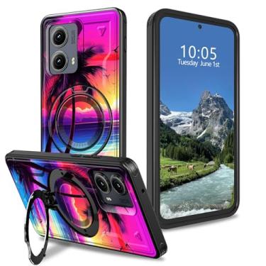 Imagem de DIGTIALL Capa para celular Moto Edge 5G 2024 de 6,6 polegadas com suporte para Motorola Moto Edge 5G 2024 Capa protetora com tema de palmeiras tropicais híbridas de camada dupla à prova de choque