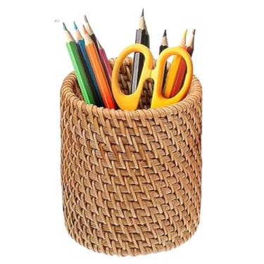 Imagem de Porta-lápis, pote de vime para mesa, organizador de pincéis de maquiagem de vime, boho, organizador de lápis, organizador de mesa para escritório e casa, utensílios de cozinha, talheres