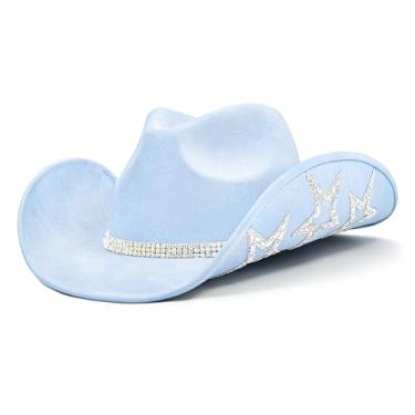 Imagem de Keilin Chapéu de vaqueira com strass, discoteca, chapéu de caubói de feltro Western Nashville, chapéu de festa de despedida de solteira para adolescentes e adultos, Azul, 6 3/4-7 3/8