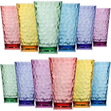 Imagem de Bravario Copo de plástico martelado, seguro para lava-louças, copos de água de qualidade premium, sem BPA, reutilizáveis, cores mistas, sortidos, copos empilháveis, 623 g, conjunto de 12