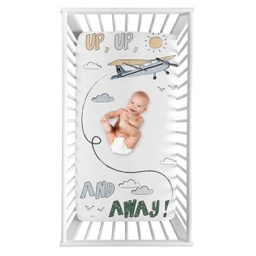 Imagem de Sweet Jojo Designs Lençol com elástico vintage para quarto de bebê recém-nascido, lençol padrão, cinza, verde, azul, branco, amarelo, avião, transporte, nuvens, sol
