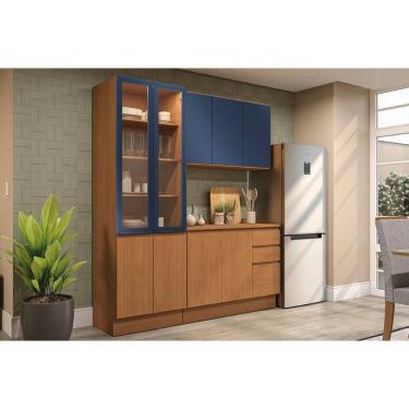Imagem de Cozinha Modulada Completa Ciela 4 Peças (1Aéreo+1Balcão+1Cristaleira+1Complemento) C4P166 Canela/Azul Profundo - Kappesberg