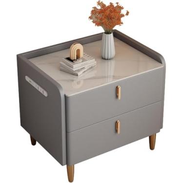 Imagem de Mesas Laterais Quarto, Criado-mudo Com Estação De Carregamento, Tampo De Mármore Falso, Criado-mudo Direito, Com 2 Gavetas, Bianco, 40cm