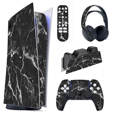 Imagem de PlayVital Efeito de mármore preto branco conjunto completo skin decalque para ps5 console edição digital, adesivo decalque de vinil para controle ps5 e estação de carregamento, fone de ouvido e