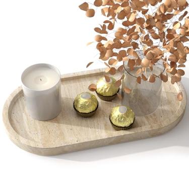 Imagem de DACHUN Bandeja de mármore natural de 30 x 15 cm - organizador de banheiro e decoração de balcão de cozinha, bandeja de armazenamento de pedras para velas de maquiagem de perfume, joias (travertino