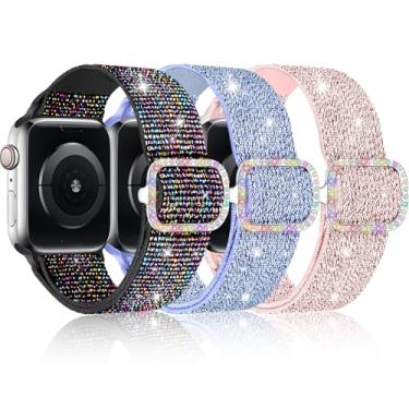 Imagem de Pacote com 3 pulseiras de relógio de nylon brilhante compatíveis com Apple Watch séries 10, 9, 8, 7, 6, 5, 4, 3, 2, 1, SE2, meninas e meninos de 38 mm, 40 mm, 41 mm, 42 mm, 44 mm, 45 mm, 46 mm, SE
