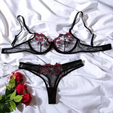 Imagem de Conjunto Lingerie Bordado Floral Transparente ElaShopp, Preto