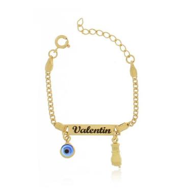 Imagem de Pulseira Infantil Chapa Figa e Olho Grego com Nome Banho Ouro - Gabby 