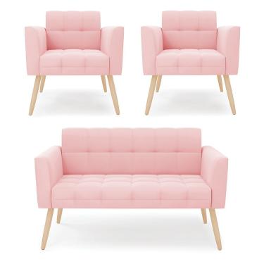 Imagem de Kit 1 Sofá Namoradeira E 2 Poltronas Elisa Suede Pés Palito Natural - D'rossi Cor Rosa Bebê