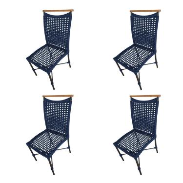 Imagem de Kit 4 Cadeiras Anne Corda Náutica Detalhe Em Madeira Base Alumínio Preto-azul Marinho - Cor: Azul