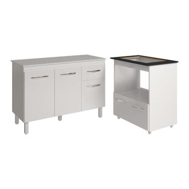 Imagem de Balcão Armário Gabinete Aline 118 Cm Com Tampo Tampão E Balcão Evelyn Para Cooktop 4 Bocas Branco