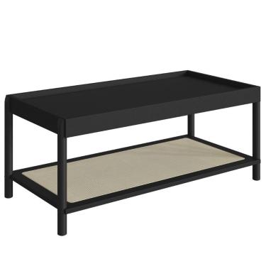 Imagem de Mesa De Centro Retangular Oslo Artesano 93 Cm (largura) Mdp Nero Palha Sintética Bege Pé Madeira