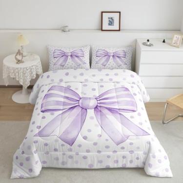 Imagem de Conjunto de edredom fofo com laço feminino, estilo castelo de princesa, para decoração de quarto, estampa geométrica, roxo escovado, microfibra escovada, capa de edredom, casal