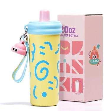 Imagem de pluseight Copo de aço inoxidável com palha, copo de 600 ml com à prova de vazamento, garrafa de água de parede dupla reutilizável, caneca térmica de viagem de café (amarelo)