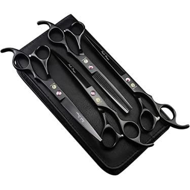 Imagem de Kit de tesouras profissionais de cuidados com animais de estimação de 7,0 polegadas, 4 peças, kit de tesouras de corte de cabelo para cães japoneses, de aço premium, reto, curvo e fino, conjunto com capaPurple Dragon 7 inch preto-fosco 4346782571