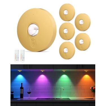 Imagem de Aokpsrt Luzes de disco RGB recarregáveis com controle remoto, luzes de pressão operadas por bateria de 1500 mAh, reguláveis e temporizadores, iluminação sob armário para armário, quarto, cozinha,
