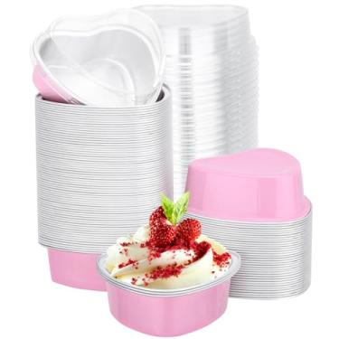 Imagem de EUSOAR Forma de muffin em forma de coração, 100 peças de creme brulee ramekins descartáveis, mini pudim de bolo, copos de suflê, forros, suportes de sobremesas, recipientes para festa de casamento no