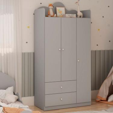 Imagem de Guarda-Roupa Infantil 3 Portas e 2 Gavetas 100% MDF com Detalhe Orgânico em Formato de Nuvem  Cinza