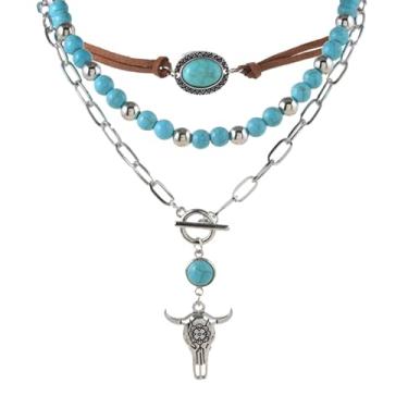 Imagem de JRAIYBZ Colares ocidentais em camadas para mulheres, colares vintage de contas turquesa, joias ocidentais para mulheres, colares de corrente de cruz de cacto com cabeça de boi, acessórios de vestidos