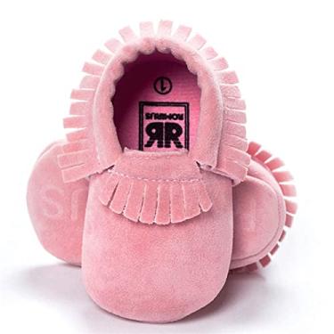 Imagem de CENCIRILY Mocassim infantil com franjas, mocassim para meninos e meninas, com borla, couro de camurça, sola macia, mocassim para primeira caminhada, sapatos de berço, A03 rosa, 6-12 Meses