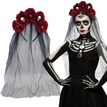 Imagem de BASEMMAHER Gothic Flower Headband with Veil Day of The Dead Rose Floral Skull Crown Headpiece for Women Halloween Cosplay (Black Red)