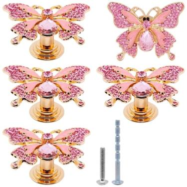 Imagem de YuGtcen 5 puxadores de armário, puxadores de cristal para gavetas, puxador de borboleta para cômoda, puxadores decorativos, puxadores de gaveta de borboleta fofos para cozinha, quarto de meninas