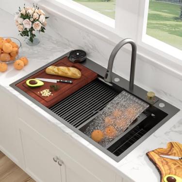 Imagem de Sarlai Estação de trabalho para pia de cozinha em cascata de 91 cm - 91 cm x 56 cm, cachoeira, preta, de aço inoxidável, calibre 16, pia multifuncional, tigela única, montagem superior inteligente
