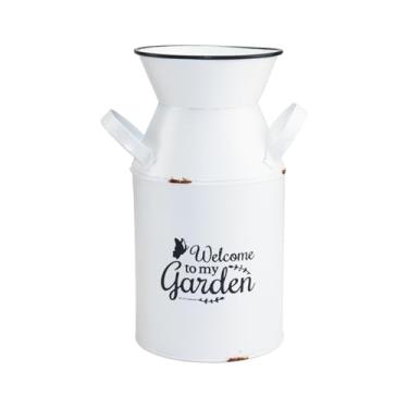 Imagem de HIDERLYS Vaso decorativo branco de 19 cm de altura com padrão de letras, jarro de metal galvanizado para sala de estar, quarto, cozinha