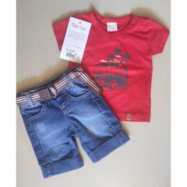 Imagem de Conjunto masculino infantil bermuda jeans E camiseta cor vermelha - azul marca bela fase moda bebê
