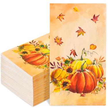 Imagem de JarThenaAMCS 100 guardanapos para convidados de outono, folhas de outono, guardanapo de papel de abóbora, guardanapo descartável de toalha de mão para jantar de graças, colheita, banheiro, festa