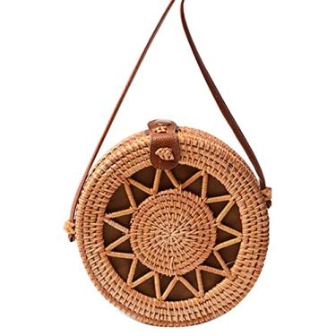 Imagem de SHAREYOIU Bolsa de vime redonda tecida à mão, ombro natural, chique, estilo praia tropical, tecida com alça de couro, Estrela, 7 x 3.2 inches