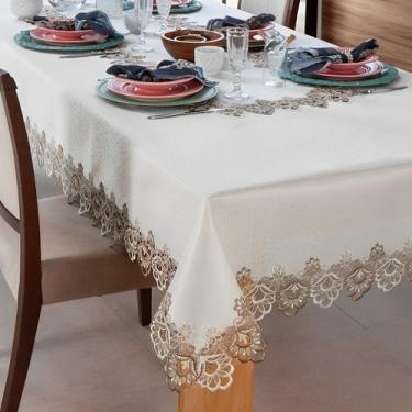 Imagem de Toalha de Mesa Bordada Veneza 10 Lugares Bege 1,60X3,00 m Jolitex