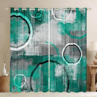 Imagem de Cortina de janela verde cinza branca, cortinas geométricas com linhas circulares para decoração de quarto de crianças, meninas, meninos, adolescentes, vintage, arte abstrata, tratamento de janela