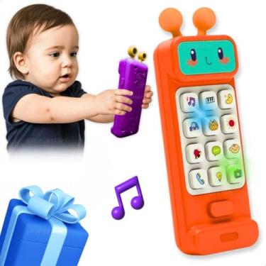 Imagem de Telefone Celular de Brinquedo Infantil Interativo Educativo Lúdico Com Luz Piscante Sons Divertidos Bebês 12 Meses 1 Ano Presente Natal Aniversário Dia das Crianças (Robô Laranja)