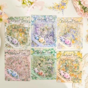 Imagem de Kit de adesivos de scrapbook de flores de canto de pátio com 60 peças, flores vintage, PET, transparente, impermeável, conjunto de adesivos para lixo, diário, garrafas de água, telefone, laptop