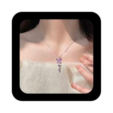 Imagem de Erimberate Colar boêmio com pingente de borboleta CZ ametista lágrima colares de corrente de borboleta de strass roxo colar de borboleta colar de borboletas de cristal roxo para mulheres