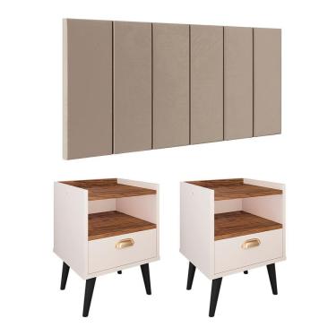 Imagem de Kit 2 Mesinhas Estilo 1 Gaveta Puxador Concha Nicho Pés Retrô Cabeceira Julia Suspensa Almofadada Cama Box Casal 1.40 Decoração Quarto - Lojas RPM