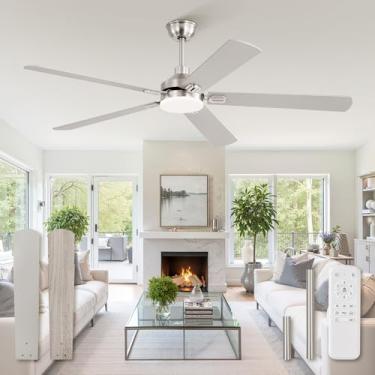 Imagem de ZMISHIBO Ventiladores de teto de 152 cm com luzes, ventilador de teto moderno de níquel com controle remoto, ventilador de teto interno de quarto com lâminas de acabamento duplo, motor silencioso e