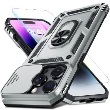 Imagem de Janmitta Capa para iPhone 13 Pro, capa de lente de câmera deslizante embutida + protetor de tela, capa de telefone de corpo inteiro resistente à prova de choque com suporte de anel de dedo, prata