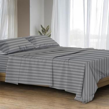 Imagem de Ashton Sheets Jogo de cama king size 100% algodão egípcio - 4 peças luxuosas 1500 fios de algodão egípcio listrado cinza escuro lençóis king size, sedoso, fresco, tecido acetinado, bolso profundo de