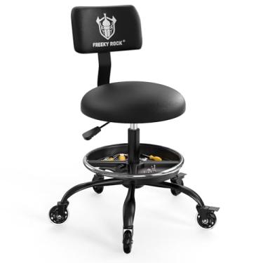 Imagem de Banco de rodagem com rodas, cadeira de mecânico de garagem com encosto, cadeira de trabalho giratória resistente com altura ajustável, apoio para os pés ajustável com bandeja de armazenamento para