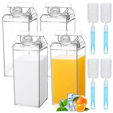 Imagem de Yiyiring Embalagem com 4 garrafas de água grandes de 1,8 g com escova de limpeza, garrafa de leite de plástico transparente, recipiente portátil à prova de vazamento, reutilizável para geladeira para