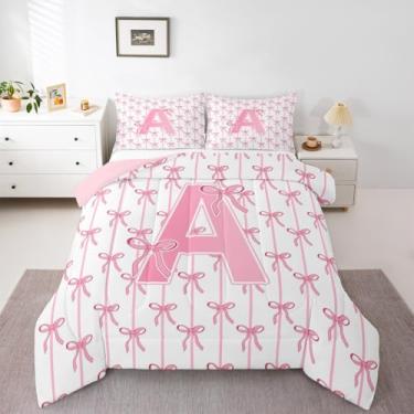 Imagem de jejeloiu Conjunto de edredom com laço kawaii, para todas as estações, com 2 fronhas, com letra inicial A, microfibra, roupa de cama casal, laços coquetes, decoração de quarto, edredom com monograma
