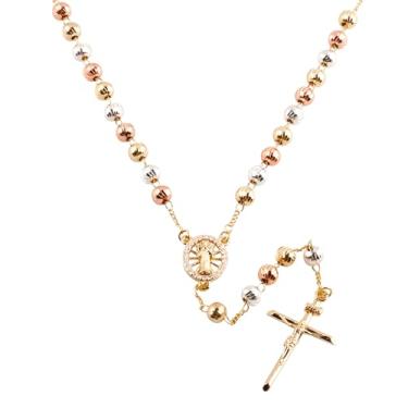 Imagem de HELLOWIN Rosário feminino de ouro rosa católico São Bento 6 mm contas banhadas a ouro rosários crucifixo corrente pingente Y colar com caixa de presente