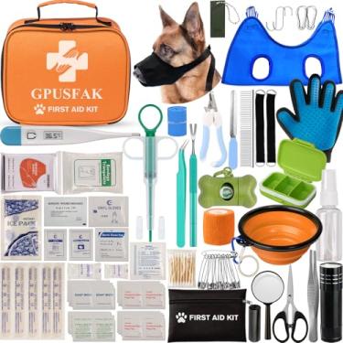 Imagem de GPUSFAK Kit de primeiros socorros para animais de estimação para cães e gatos - Kit de emergência para animais de estimação com cortador de unhas, rede para cuidados pessoais, suprimentos de primeiros