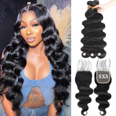 Imagem de Body Wave 3 mechas com 5 x 5 HD lace closure cabelo humano (20 22 24+18) 100% cabelo virgem brasileiro não processado 10 A cabelo humano ondulado 10 A com fecho de 5 x 5 cor natural