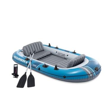 Imagem de INTEX Conjunto de barco inflável Excursion 4 66324EP: inclui remos de alumínio deluxe de 137 cm e bomba de alto rendimento – assentos ajustáveis com encosto – suportes de vara de pesca – 4 pessoas